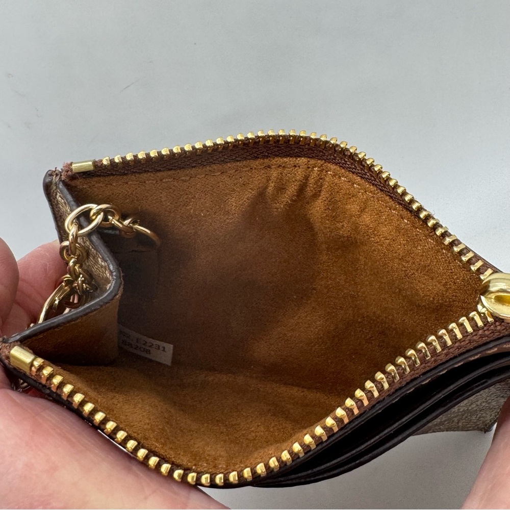COACH Mini Skinny Id Case In Signature Canvas Card Brown Gold Wallet - Picture 10 of 12